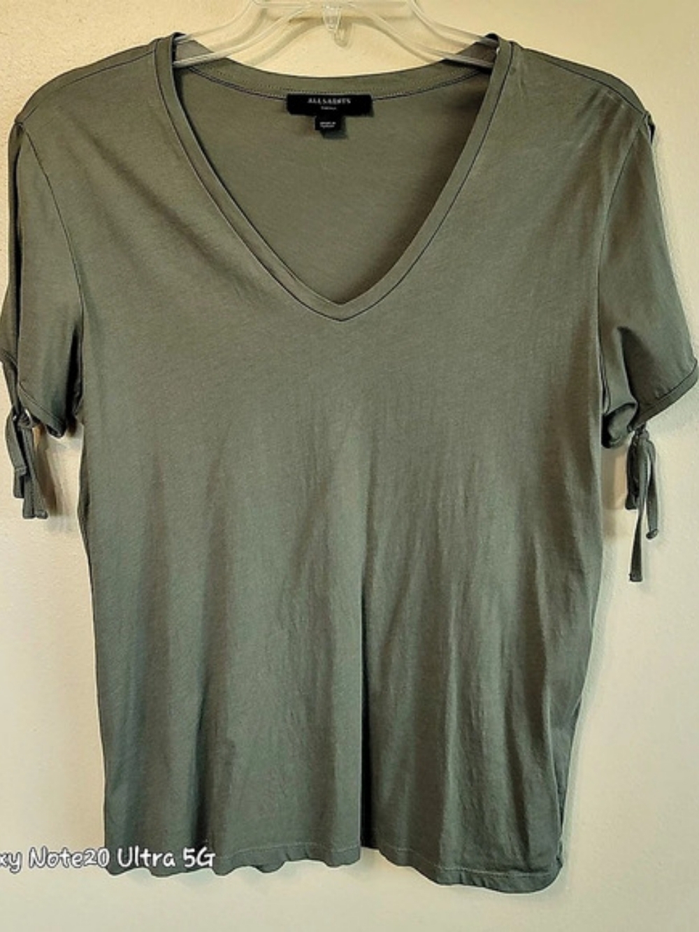AllSaints Kay Tee Tie Sleeve V-Neck T-Shirt Green Sage Olive Cotton Jersey Sz-S